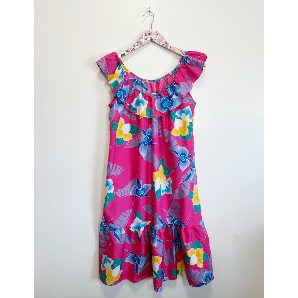 HILO HATTIE Pink Floral Tropical Hawaiian Dress Ruffle Trim S Small MIDI